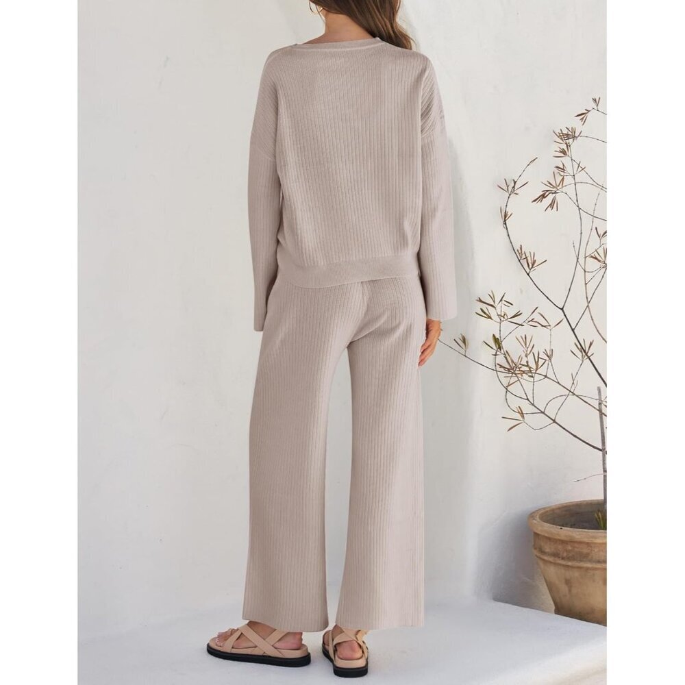 Women's Knit 2 Piece Set Long Sleeve Pullover Wide Leg Pants Lounge Casual - Picture 4 of 5